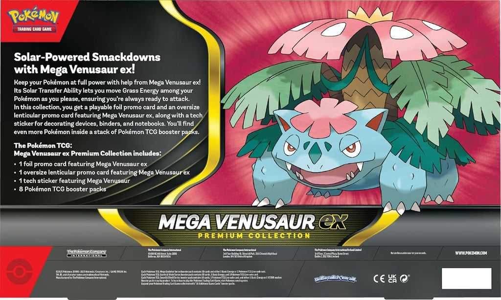 Pokémon Mega Venusaur EX Premium Collection packaging with character illustration on a red and black background.