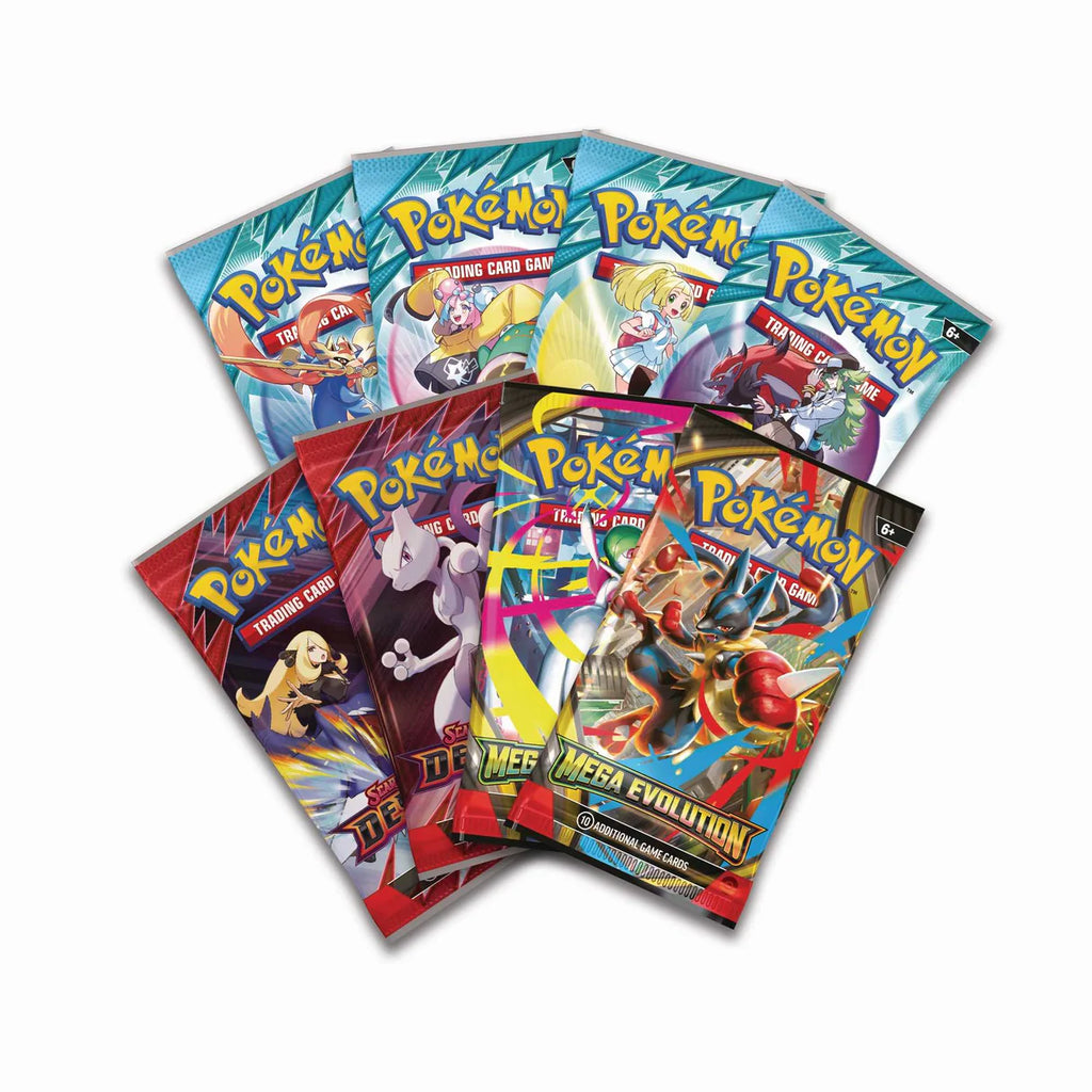 Collection of Pokémon trading card game packs from destined rivals, mega evolution and journey together on a white background