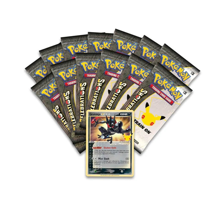 Collection of Pokémon celebrations trading cards with a focus on a single card in the foreground.