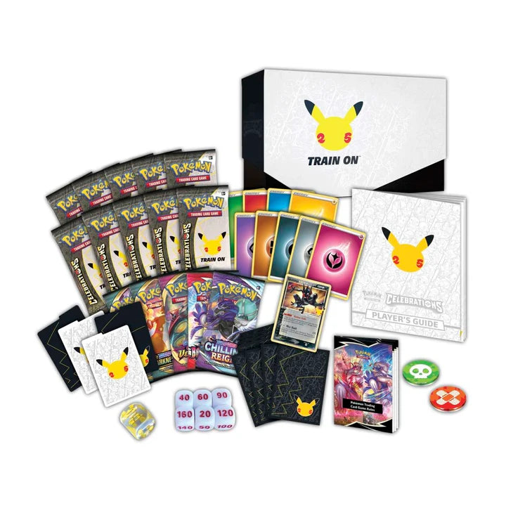 Pokémon trading card game set with cards, dice, and guidebook on a white background
