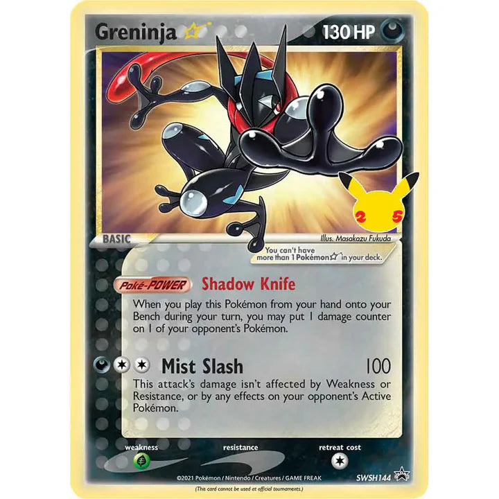 Pokémon trading card featuring Greninja with a yellow border