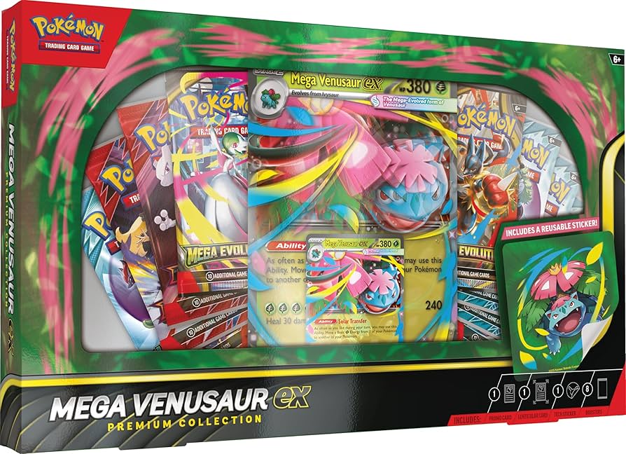 Pokémon Mega Venusaur EX Premium Collection packaging with various cards and graphics.